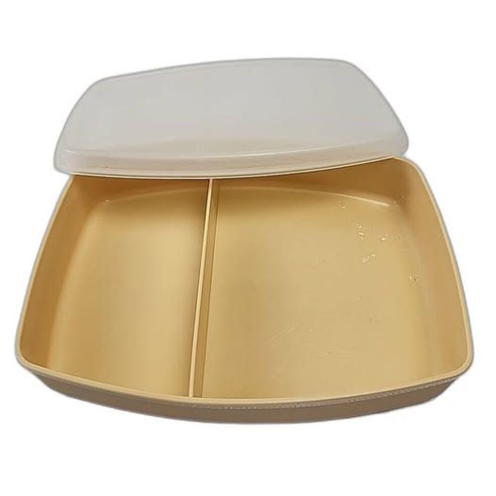Vintage Tupperware Divided Lunch Snack Container 813 Almond w/ Sheer Lid 814
